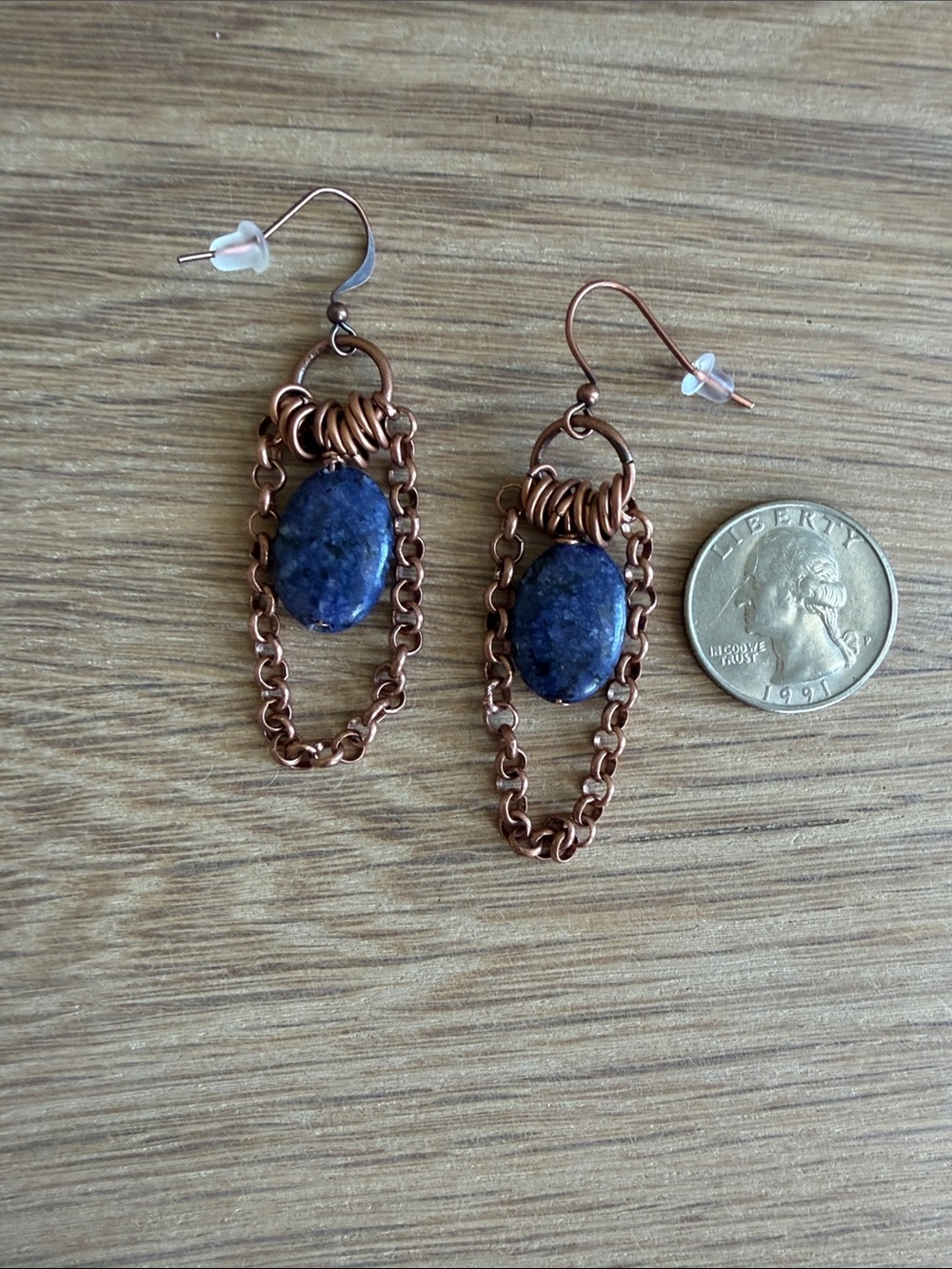 HAND CRAFTED LAPIS LAZULI & COPPER CHAIN DANGLE EARRINGS Boho Gemstone Jewelry - Picture 9 of 9